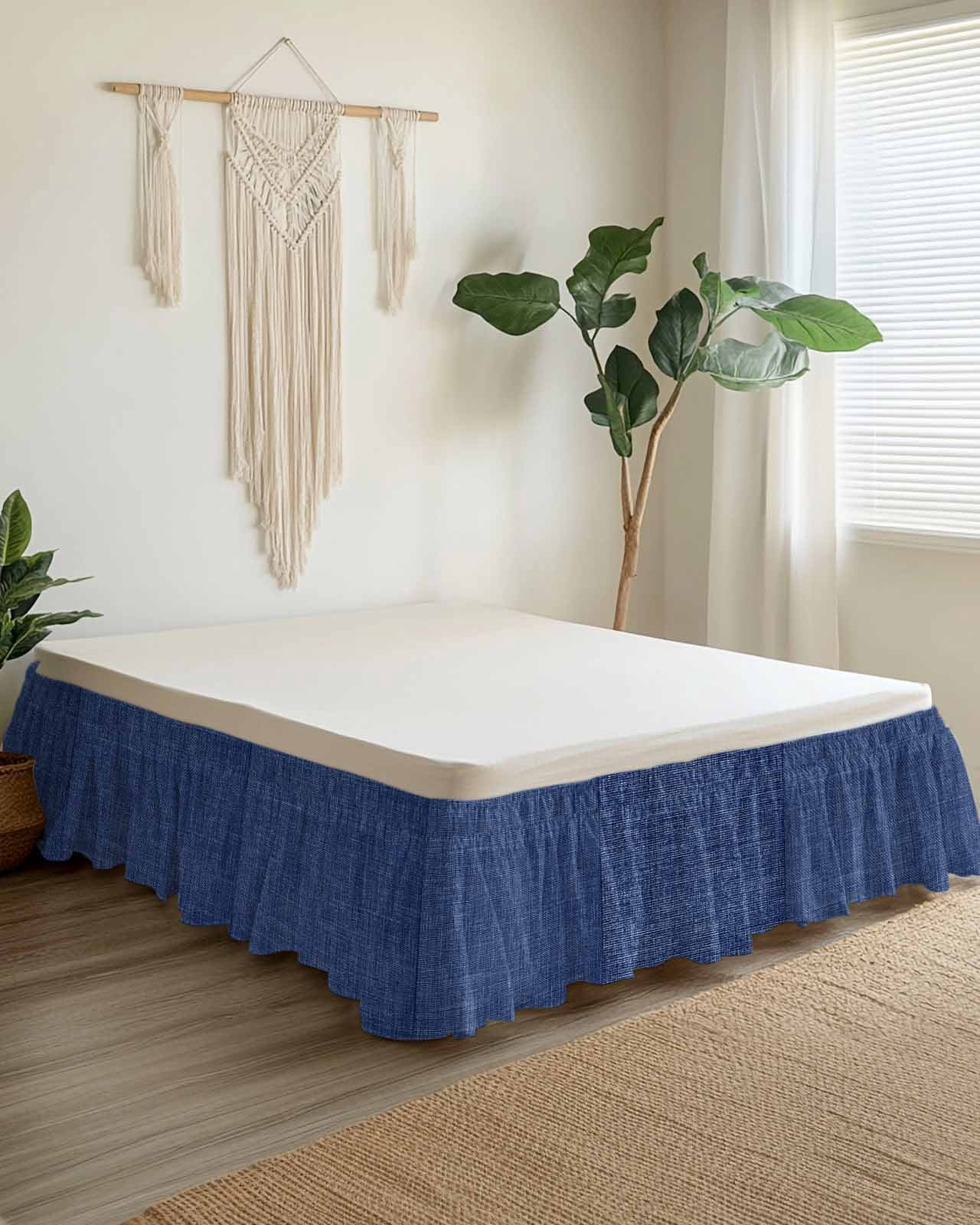 Navy Blue Linen Bed Skirt Queen Size 16 Inch Drop, Farmhouse Pure Color Country Vintage Adjustable Elastic Dust Ruffles Bedskirt for Queen Bed Wrap Around Pleated Mattress Frame Cover