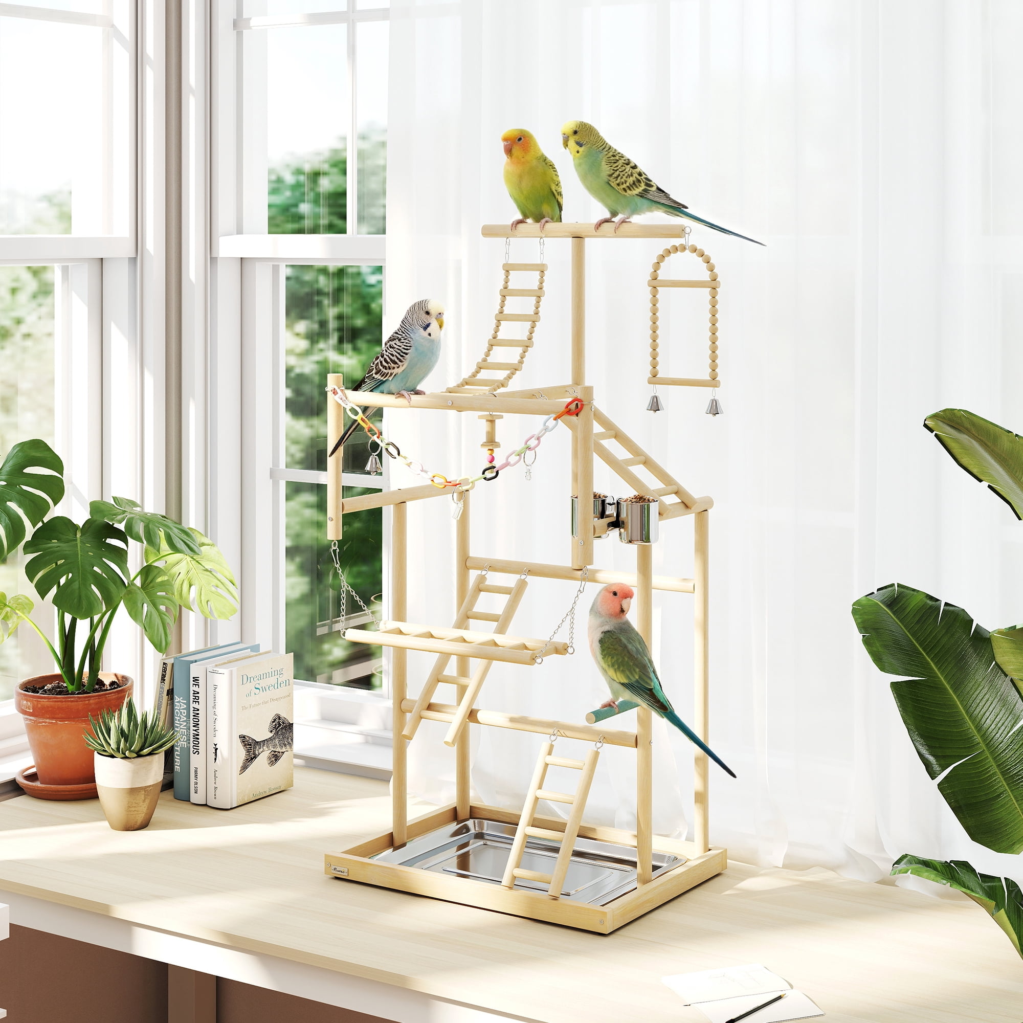 PawHut Bird Playground, 4 Layer Wooden Parrot Play Stand with Ladders, Chain Toy, Stainless Steel Cups and Tray, Bird Cage Accessories for Parakeets