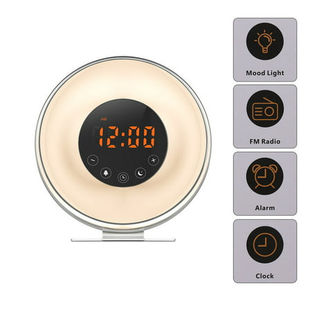 Wake up light, New Digital Alarm Clock with FM radio & 6 alarm sound, Sunrise and Sunset Simulation & 7 Auto Switch Colors LED Night Light for Bedside, Adults and (Best Wake Up Alarm Sound)