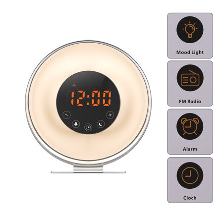 Sunrise Alarm Clock Light - Wake up light, New Digital Alarm Clock with FM radio & 6 alarm sound, Sunrise and Sunset Simulation & 7 Auto Switch Colors LED Night Light for Bedside, Adults and kids