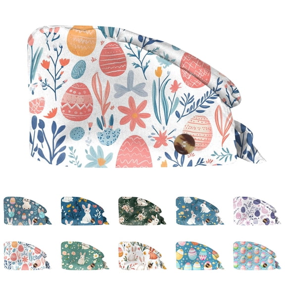 Colorful Easter Print Adjustable Scrub Cap for Women and Men Surgical Working Hat with Button and Tie Fastener 2026 Sky Blue