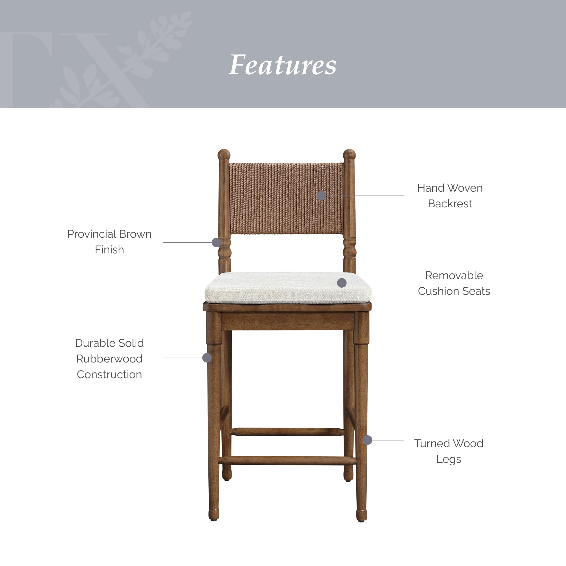 My Texas House Adler Wood Counter-Height Stools, Set of 2, Provincial Brown