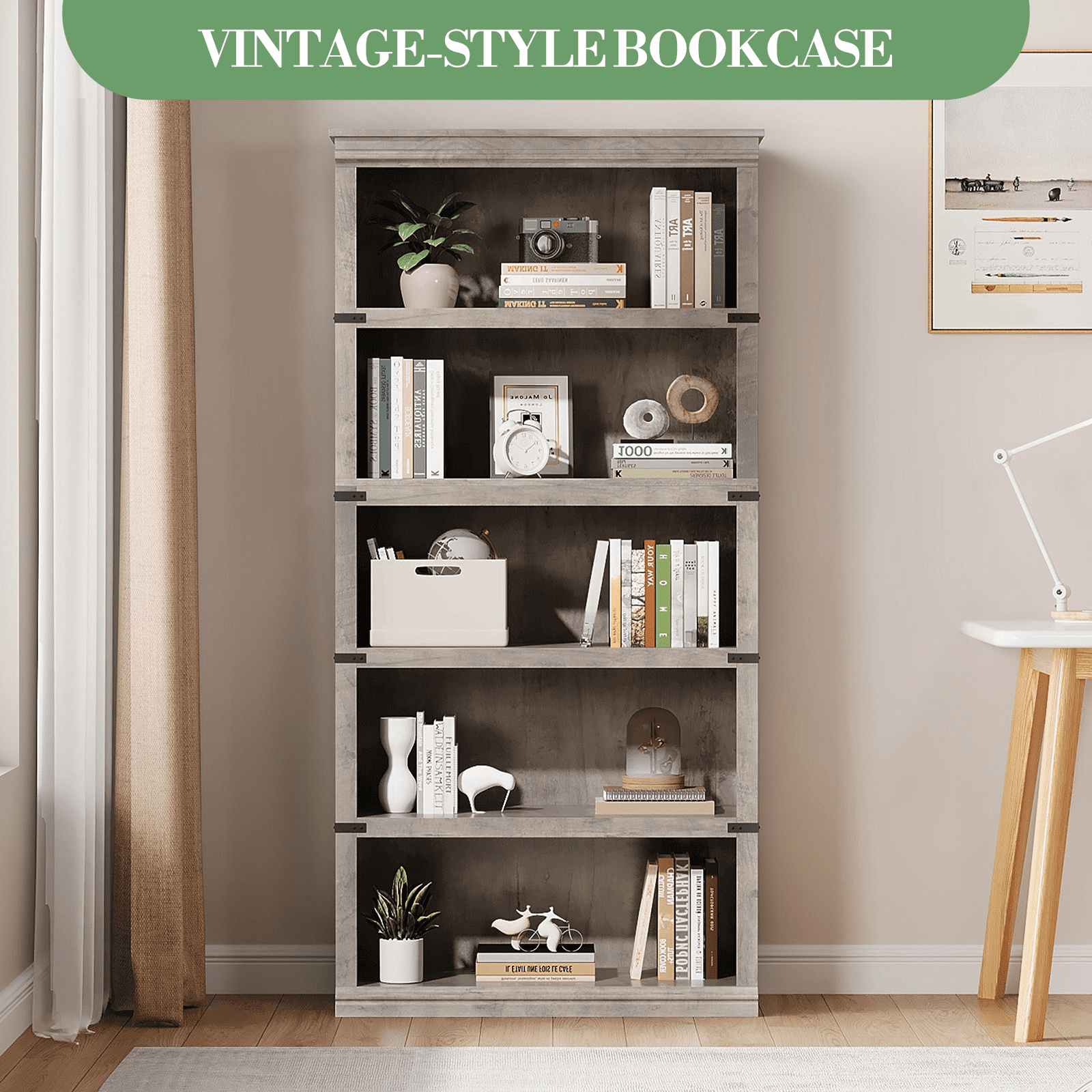 Goldensoil 67" Tall 5 Shelf Wood Bookcase, Farmhouse Floor Standing Display Storage Shelves,Grey