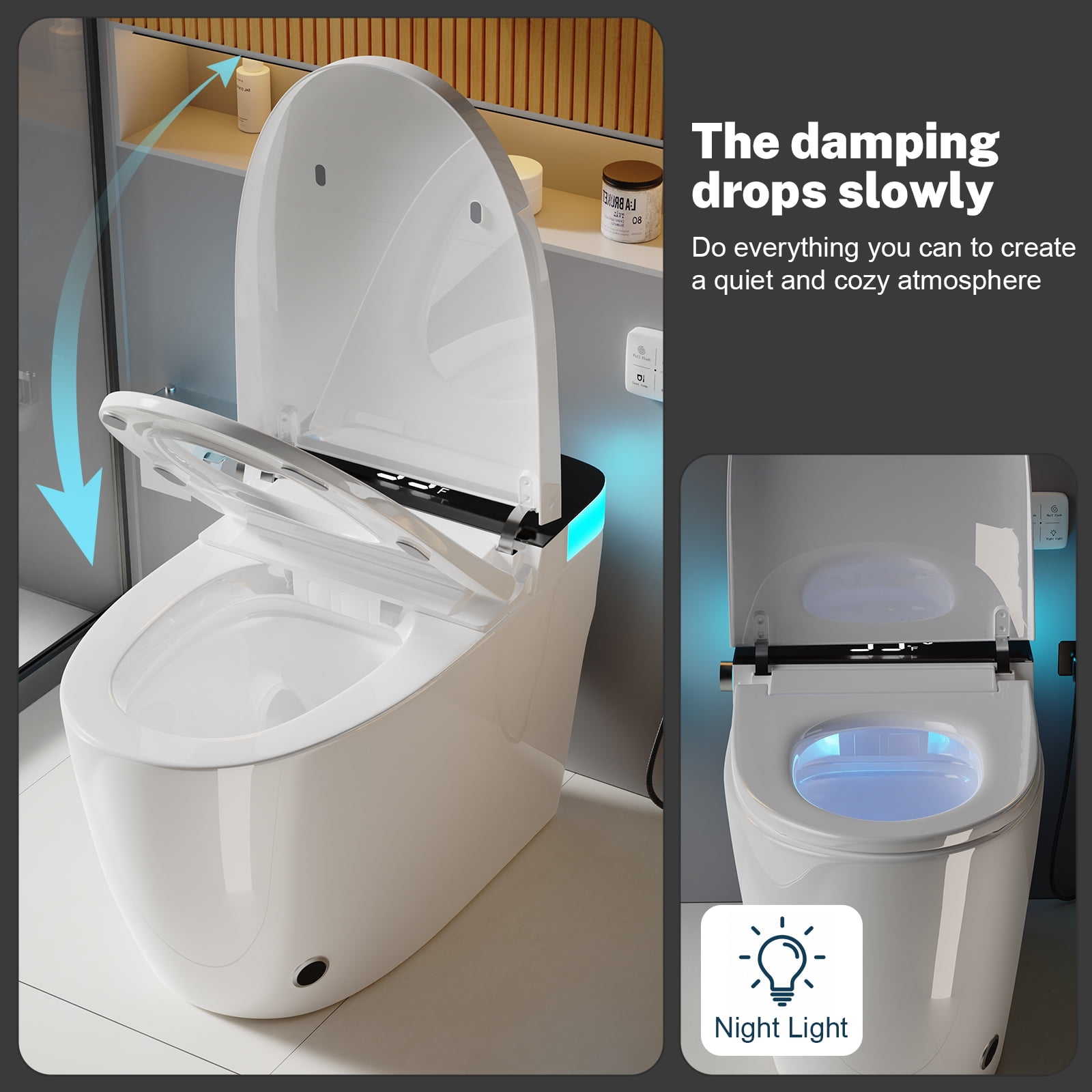Smart Toilet with Heated Seat, Auto Flush and Foot Sensor, Modern One-Piece Toilet with Night Light, Quiet Close Lid, Water-Saving Dual Flush, 110V for US Bathrooms