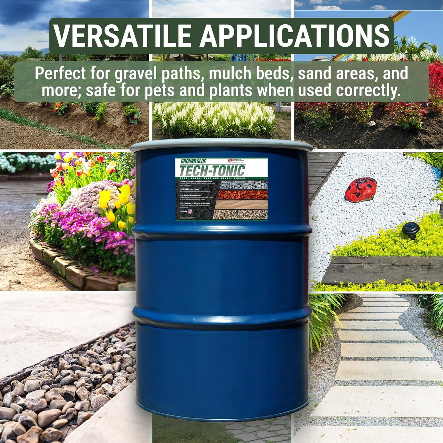 Ground Glue Tech-Tonic Landscape Adhesive for Rock, Mulch, and Sand, Weatherproof Long-Lasting Stabilizer for Trails & Slopes, Pet-Safe Binder for Pea Gravel, Bark & Flower Beds, 55 Gallon Tote