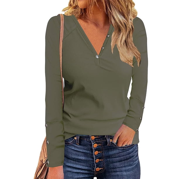 Blusa De Manga Larga Blusa Casual Ajustada Mujer Cuello En V Túnica Tops Manga Larga Botón Frontal Casual Slim Fit Blusa Acanalada Para El Trabajo Fiesta Al Aire Libre Verde S ANGGREK Verde S