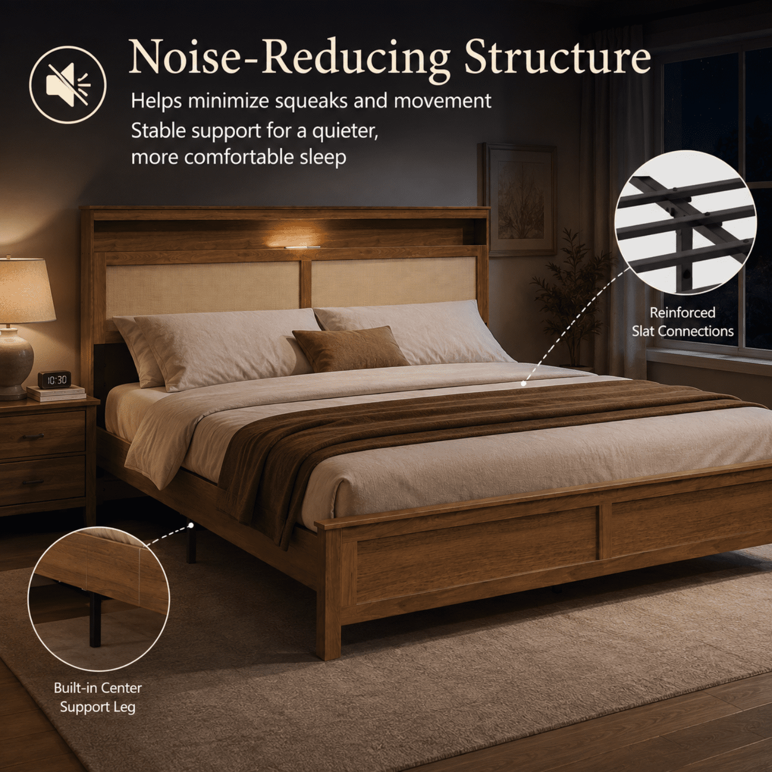 Miniyam King Bed Frame with Storage Headboard, LED Light and Charging Station, Cane-Inspired Platform Bed, Brown