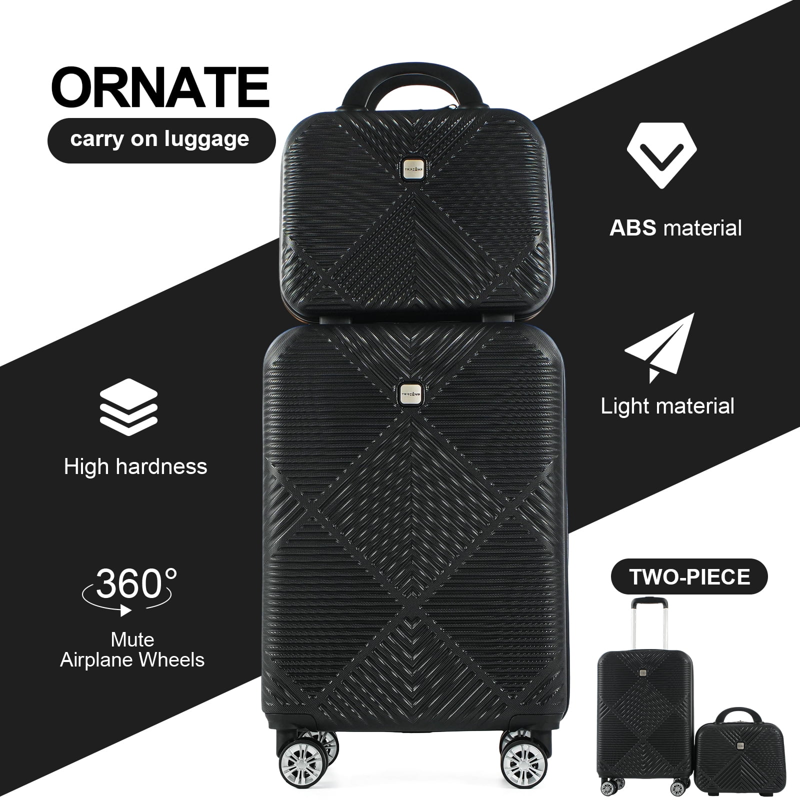 Tripcomp Luggage Sets 2 Piece Suitcase Set (14/20/)Hardside Suitcase with Spinner Wheels Lightweight Carry On Luggage(Black)