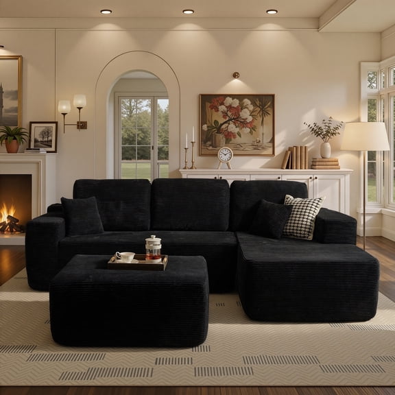 Ovios 106" Cloud Sofa Couch No Assembly Boneless Deep Seat Sofa with Ottoman for Living Room, Black (Corduroy)