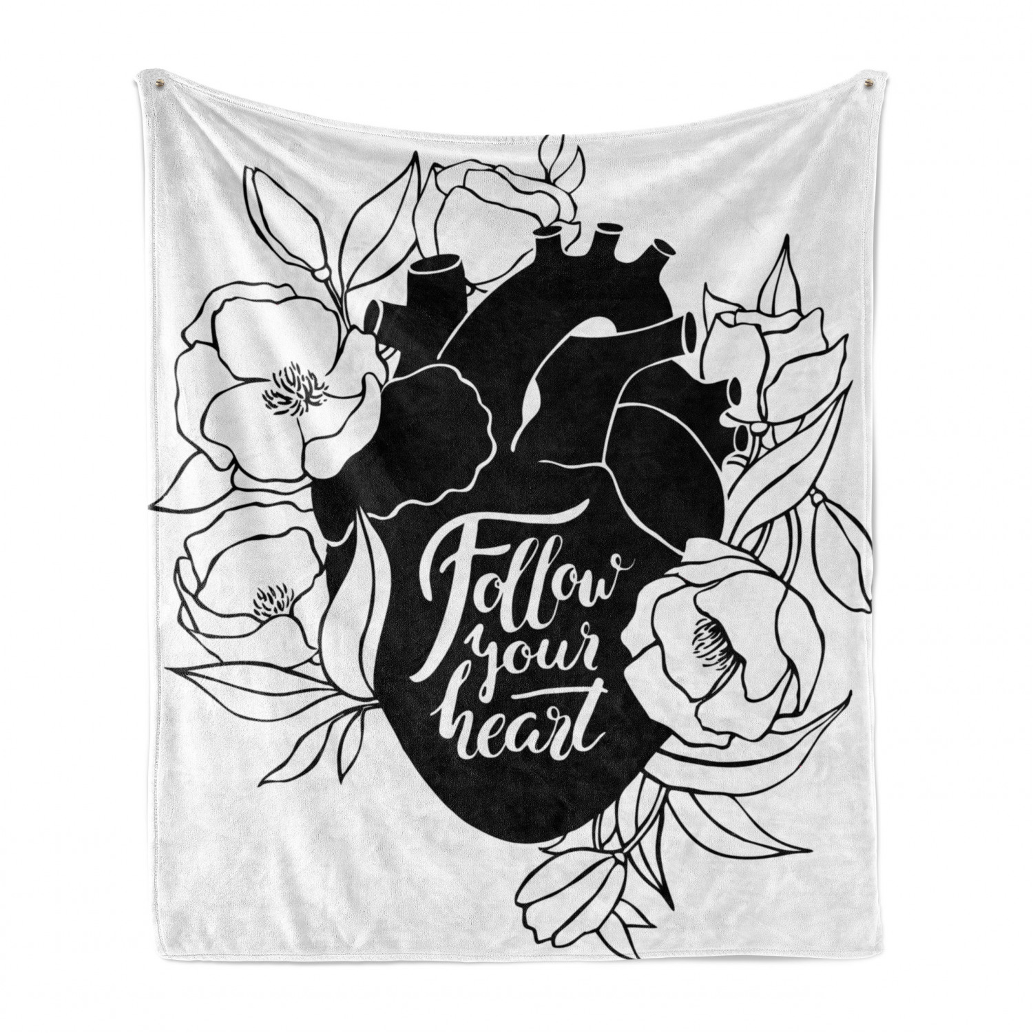 Human Heart Soft Flannel Fleece Throw Blanket Flourish Follow Your Heart Words On Organ With Outline Flowers Cozy Plush For Indoor And Outdoor Use Charcoal Grey And White By Ambesonne Walmart Com