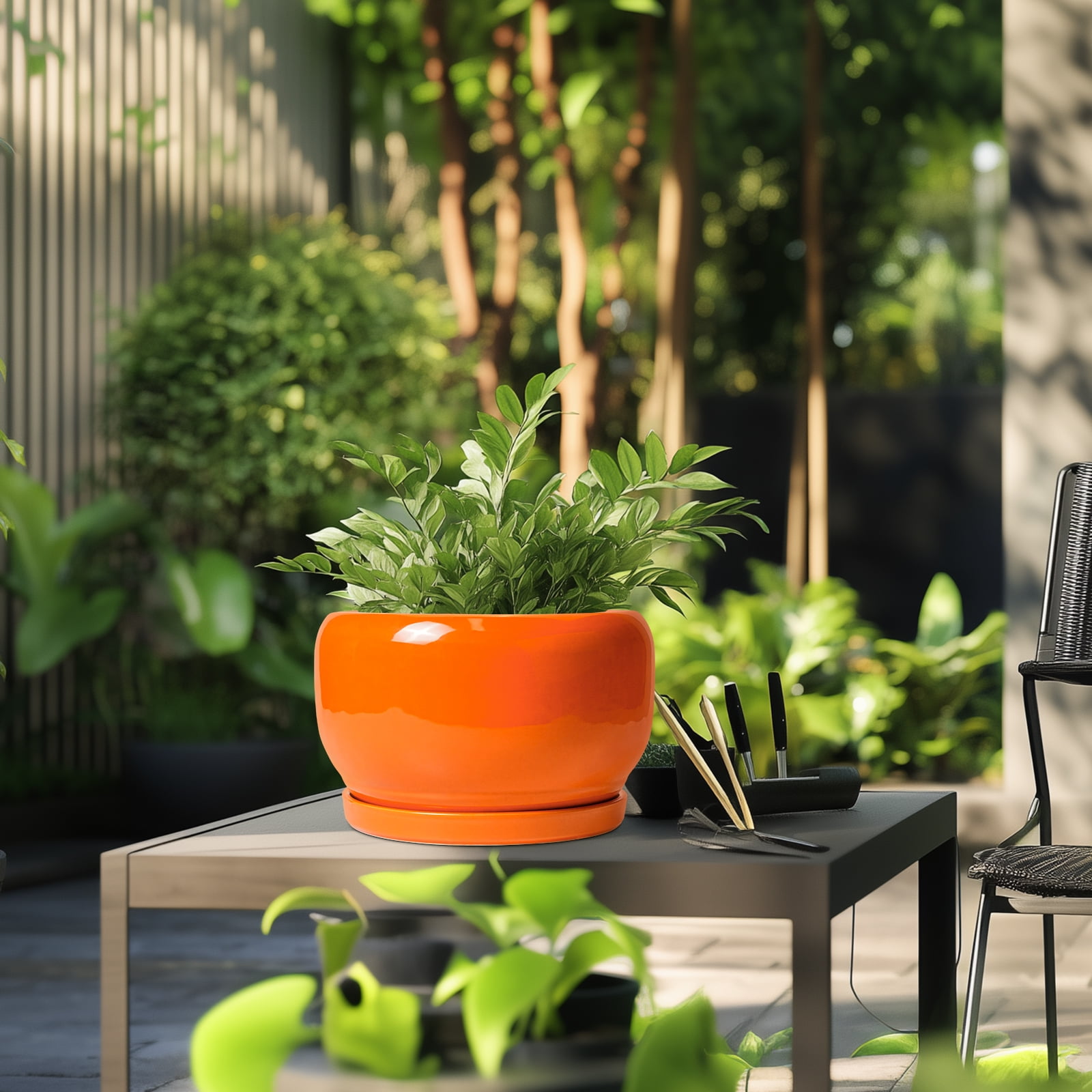 10 inch Flower Pots, Large Round Ceramic Planter with Saucer & Drainage, Modern Pot for Indoor Plants & Flowers, for Cheerful Home Decor, Glossy Orange