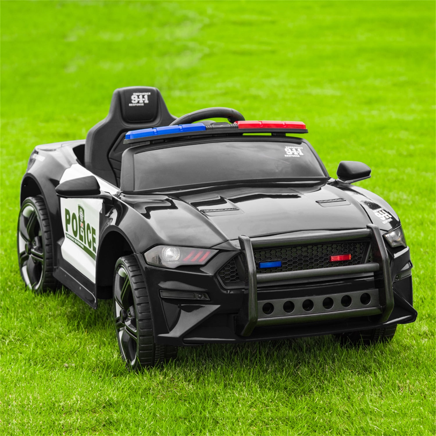 CIPACHO 12V Kids Ride On Car, Police Sports Car with 2.4GHZ Remote Control, LED Lights, Siren, Microphone, Black