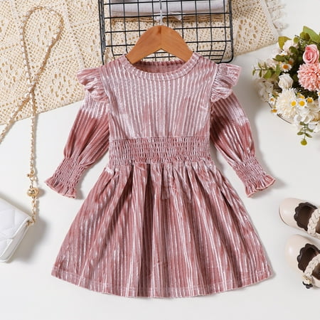 

JIANJIA Toddler Girls Casual Dresses Solid Color Crew Neck Long Sleeve Ruffled Pleated Vintage Princess Autumn Winter Dress Outwear