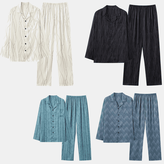 Afuyipoi Mens Pajama Set,Button-Up Lightweight Long Sleeve Nightshirt Two Piece Sleepwear White L