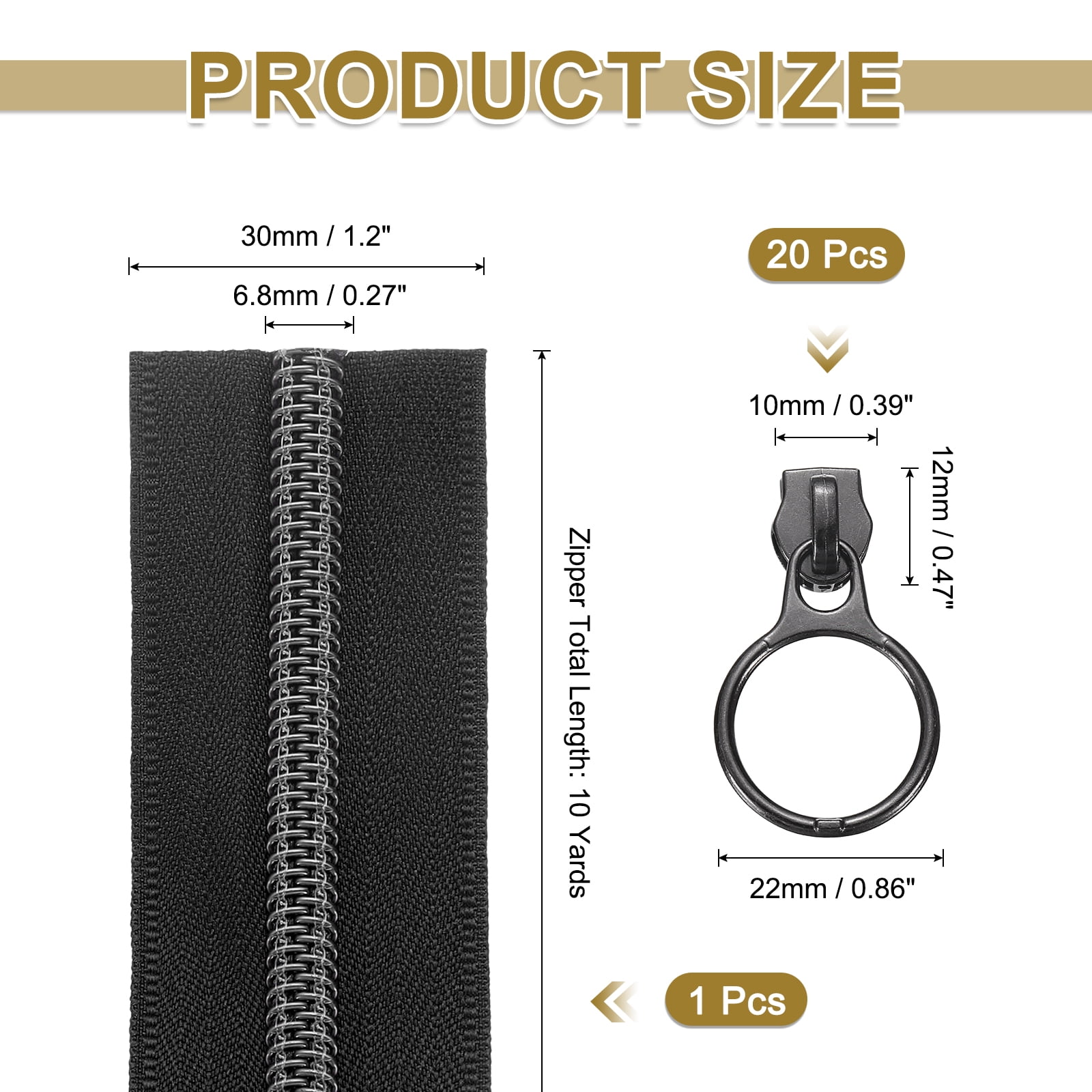#5 10 Yards Nylon Coil Zippers, Bulk Coil Zipper by the Yards with 20pcs Gunmetal Zippers Sliders for Diy Tailor Sewing Craft Bag Clothes, Black