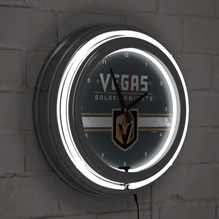 Vegas Golden Knights NHL Chrome Double Ring Neon Clock - Steel Grey, Gold, Black
