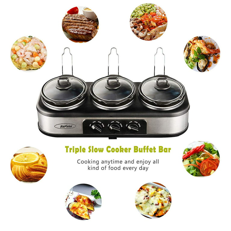 Triple Slow Cooker, 3×1.5 QT Buffet Servers and Warmers, 3 Pots Buffet Slow  Cooker Adjustable Temp Lid Rests Stainless Steel Manual Silver for Parties  Holidays Families: Home & Kitchen 