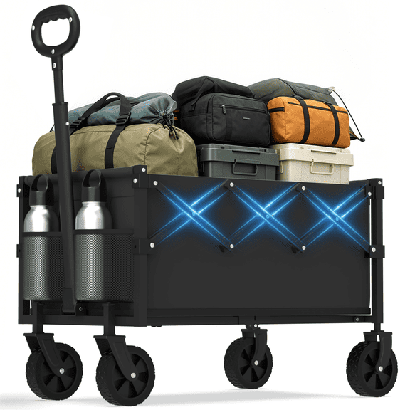 Collapsible Wagon Carts with Wheels, Flexible Lightweight Wagons Carts Foldable, Portable Folding Grocery Cart for Shopping, Camping, Fishing, Garden, Sports, Beach, Black