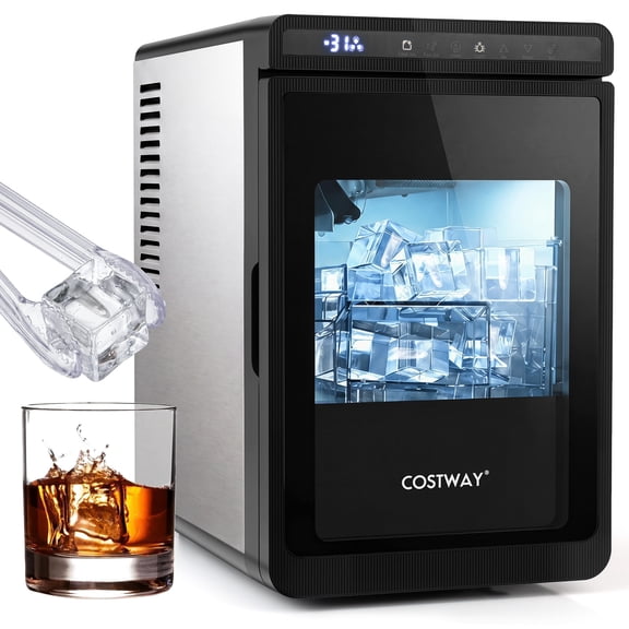 Costway Clear Ice Cube Maker Countertop, 1.6” Large Square Ice Cubes, 3 Pcs in 20 Mins Black and Silver