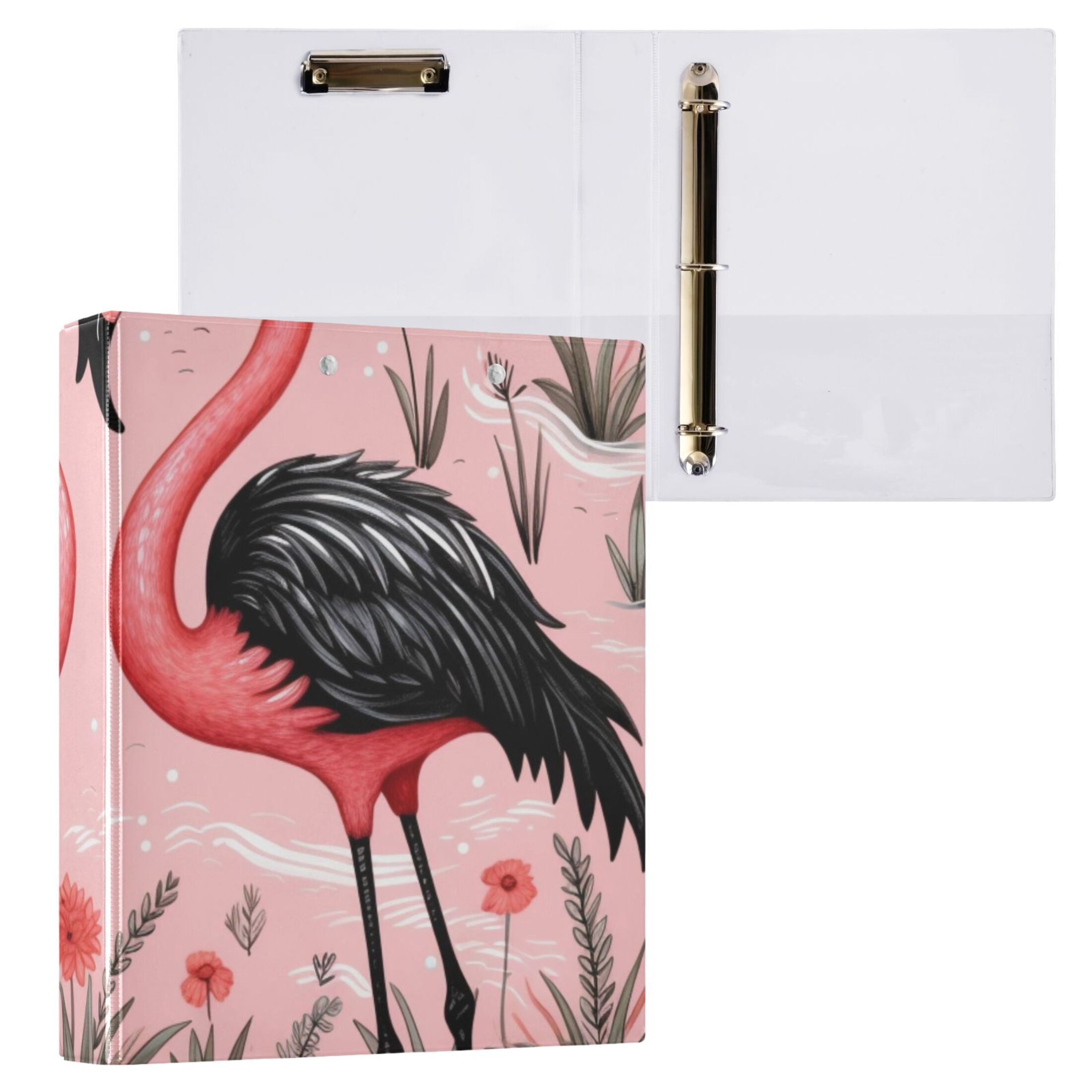 Pink Black Flamingos 3 Ring Binders 1.5 inch Hardcover File Folders with Interior Pockets A4 Size Organizer for School Office Hospital Set of 2