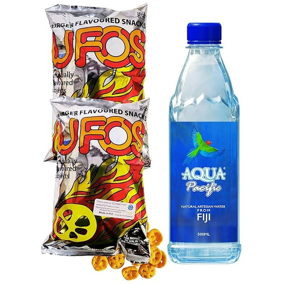 Combo Deal - UFO'S Burger Flavoured Puffs Snacks, Natural Bottled Water (2 Pack x 200g / 500 mL Bottle Water) Favorite Goodness Of Pacific Islanders, Family Snacks HALAL