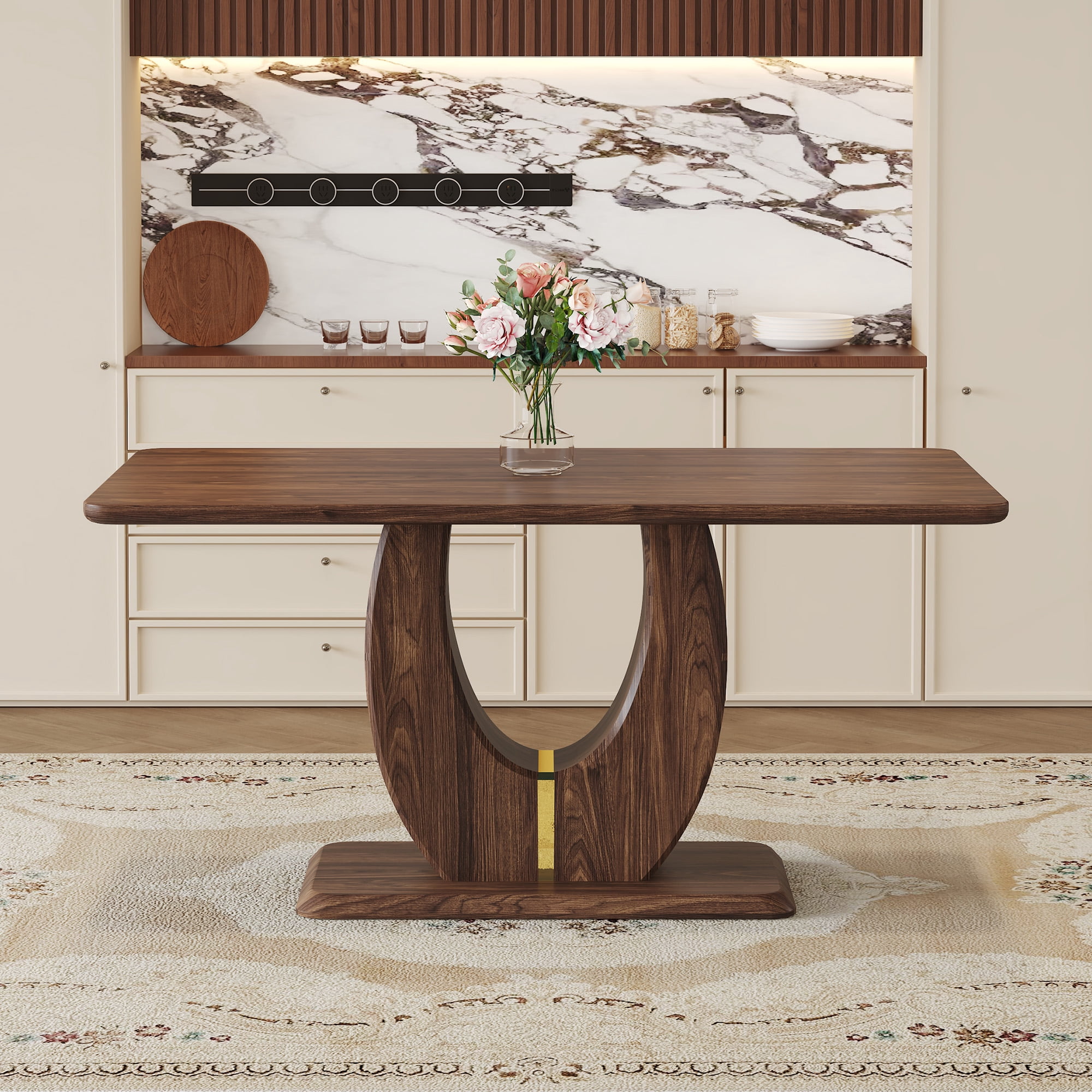 JUFU 63'' Dining Table Rectangular Walnut Tabletop, Easy Assembly, Ideal for Dining Room Kitchen