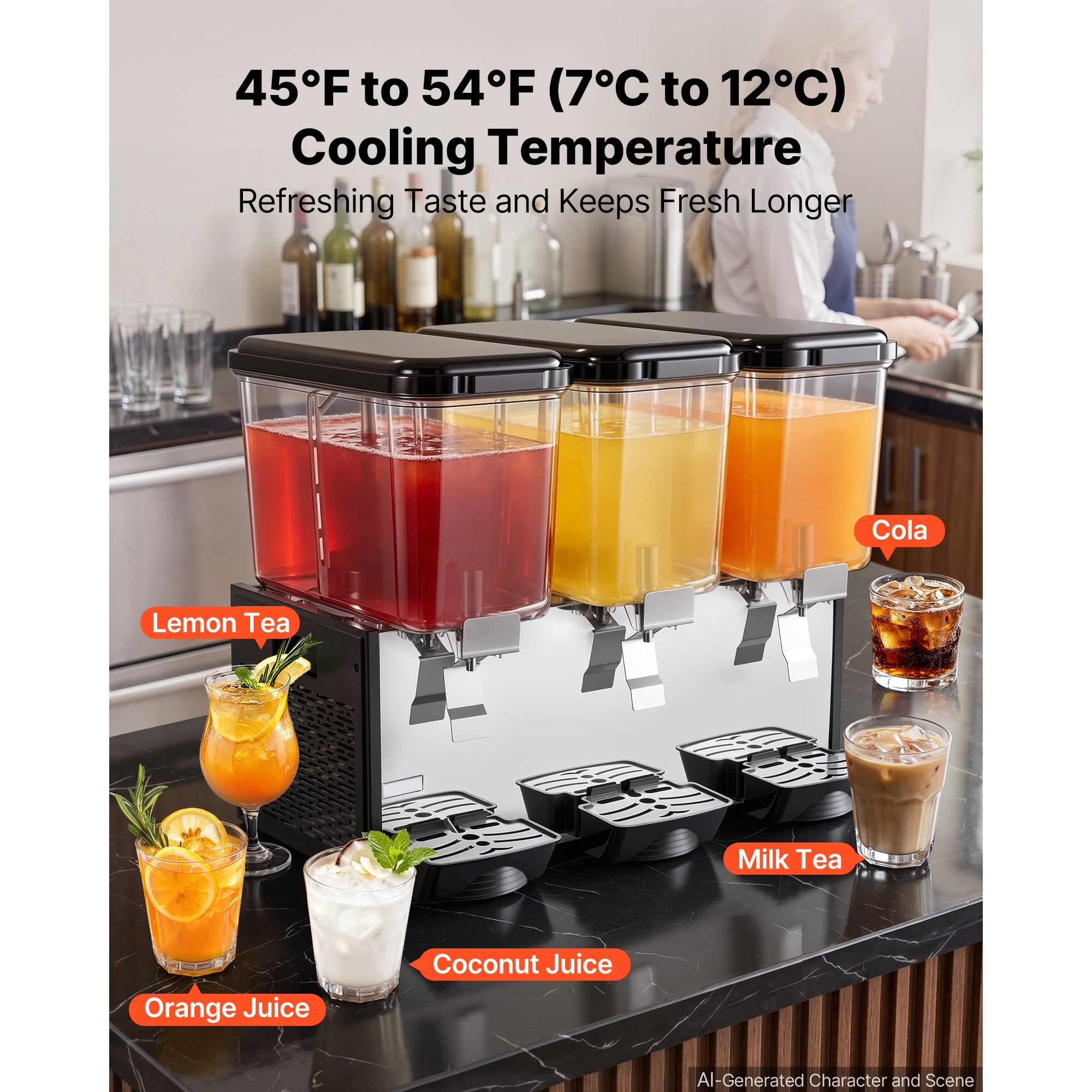 KFFKFF Commercial Beverage Dispenser with 3 Tanks, 18L / 19 QT Capacity Per Tank, Stainless Steel Juice and Iced Tea Dispenser, Cooling Range 45℉-54℉, Ideal for Serving Cold Drinks at Restaurants