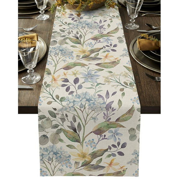 Table Runner Dresser Scarves 72 Inch Long, Watercolor Blossom Flower Botanical Leaves Linen Dining Table Runners Garden Floral Foliage on Linen Tabletop Scarf for Wedding Holiday Party Kitchen