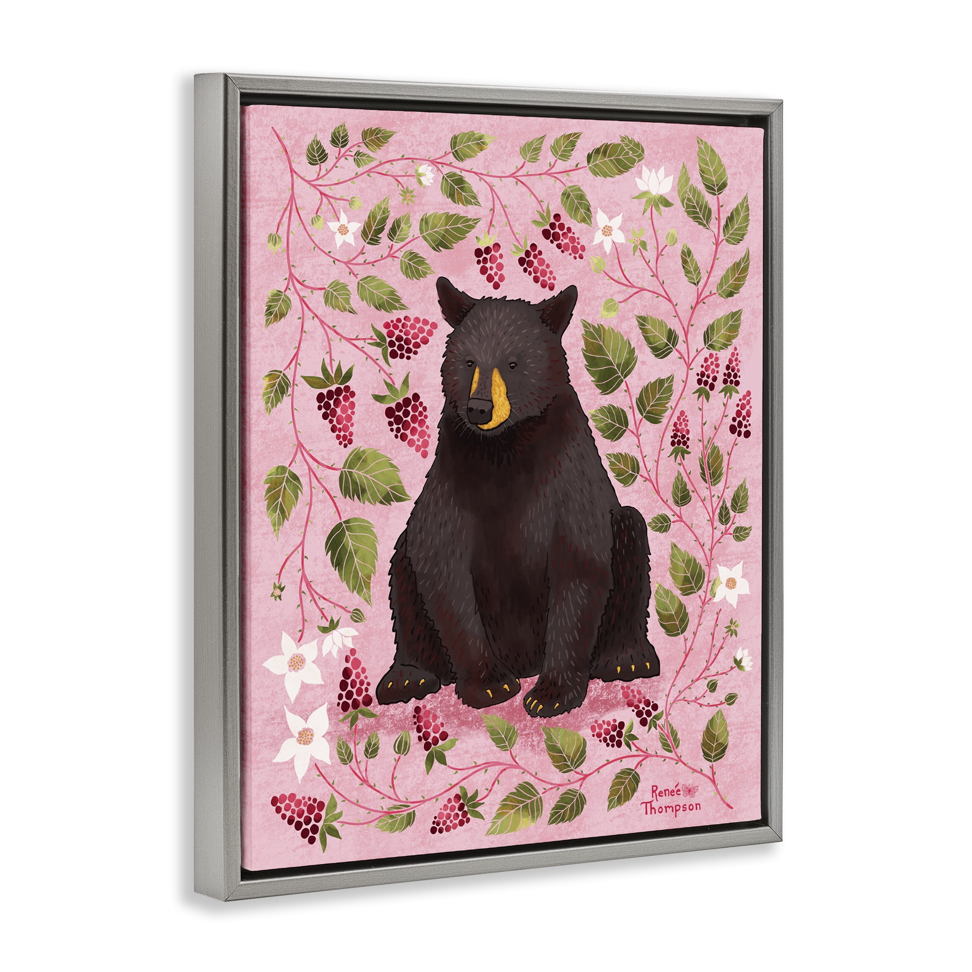 Stupell Industries Bear & Blackberry Plants Animals Painting Gray Floater Framed Canvas Art Print Wall Art, 17 x 21
