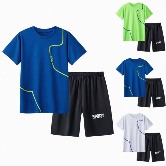WUANDIXFA Boys Short Set 10-16 Years 2 Piece Short Sleeve Crewneck Performance Tees and Athletic Mesh Shorts for Boys,Green,13-14 Years