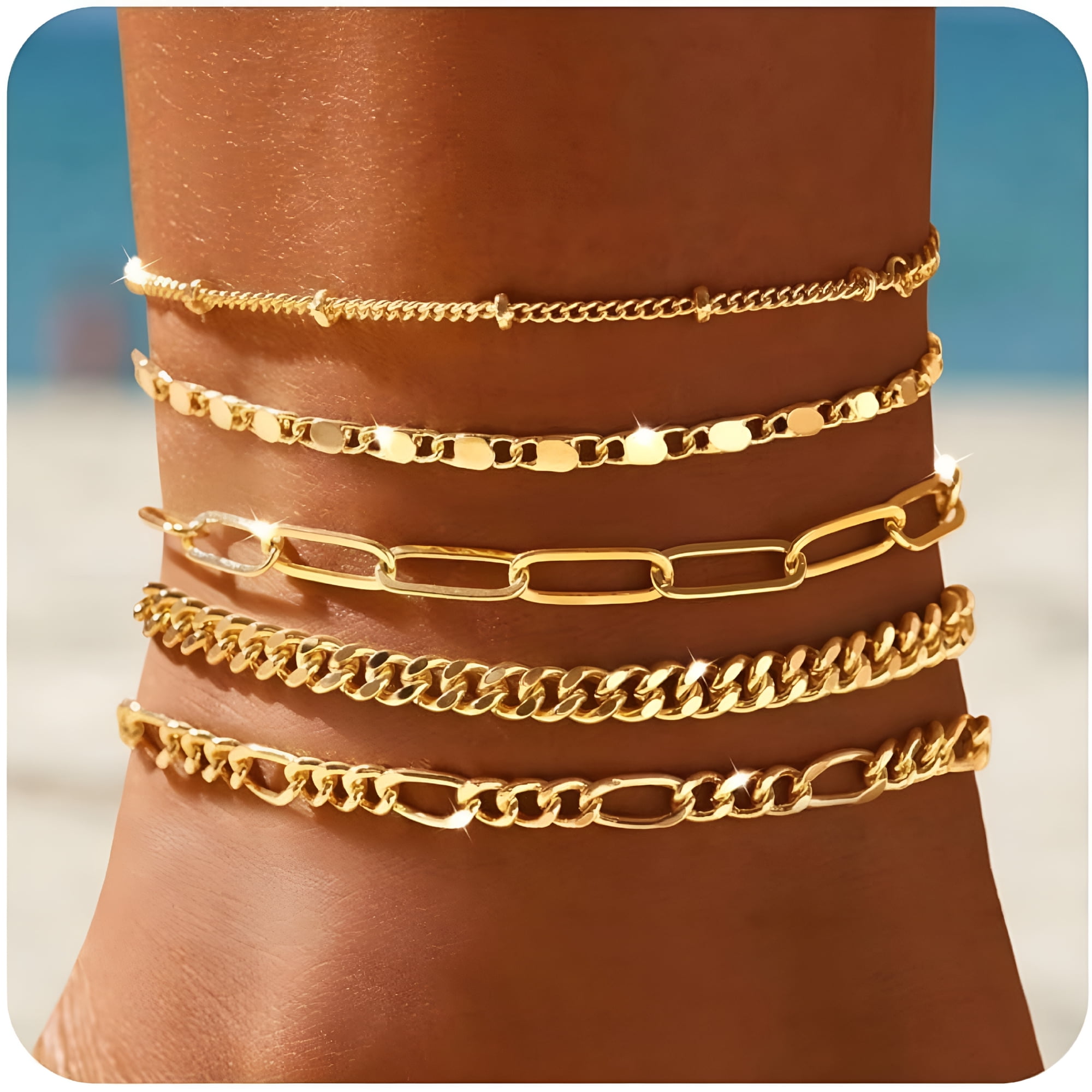 DESIGNICE 2026 New Ankle Bracelets for Women,14K Gold Jewelry Set Waterproof Layered Cuban Figaro Link Chain Anklets Set Gold Anklets Summer Boho Beach Jewelry Gift Adjustable Size
