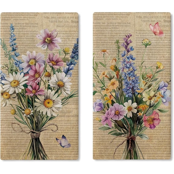 Vintage Flower Bouquet Kitchen Dish Towels Set of 2, Retro Floral Daisy Drying Hand Towel Baking Cooking Cloth, Spring Summer Wildflower Butterfly Bathroom Home Decoration 18'' x 26''