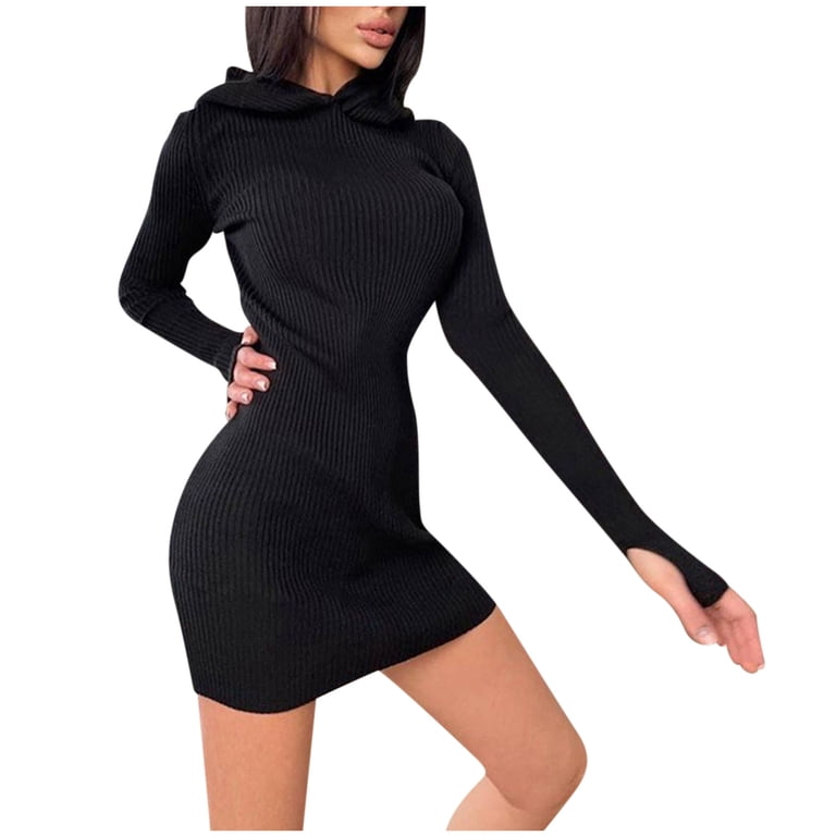 Women's Dress Women Solid Long Sleeve Off Sweater Dress Black L -  Walmart.com