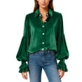thumbnail image 3 of QATAINLAV Womens Velvet Shirts Ruffle Long Sleeve Button Down Lapel Collar Blouses Dressy Ruched Office Tunic Holiday Casual Tops, Green, XXL, 3 of 8