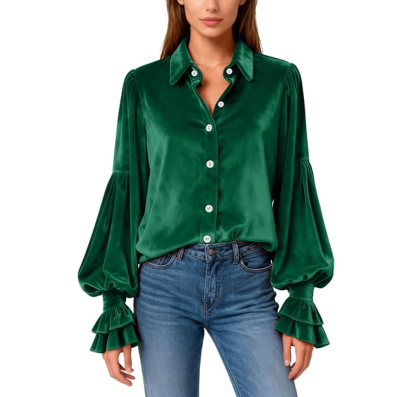 Lenpel Velvet Tops for Women Vintage Ruffle Lantern Long Sleeve Collared Velour Button down Shirts Dressy Casual Tunic Blouses(Green,X-Large)