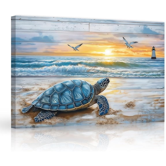ZHONGYUTONG Sea Turtle Canvas Wall Art Turtle Bathroom Wall Decor Coastal Beach Pictures Ocean Animal Artwork Lighthouse Painting for Home Decor Framed (12.00" x 18.00")