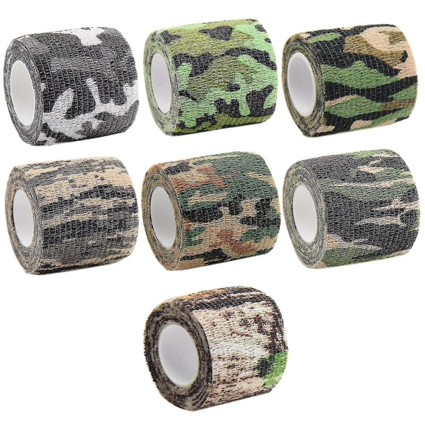 Cinta de camuflaje, 7 rollos, vendaje elástico no tejido autoadhesivo multifuncional para escopetas, caza, camping, envoltura protectora (7 colores) -