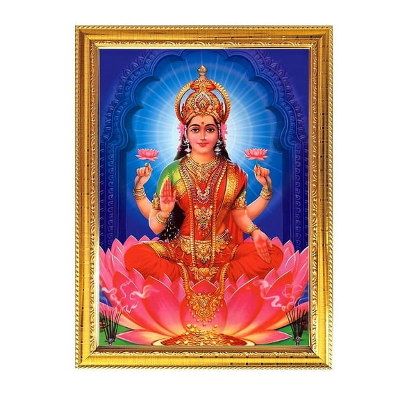 Maa Lakshmi Goddess Photo With Golden Frame for Indian Pooja Hindu Worship Puja Temple House Warming Religious Wall Table 8.6 X 11