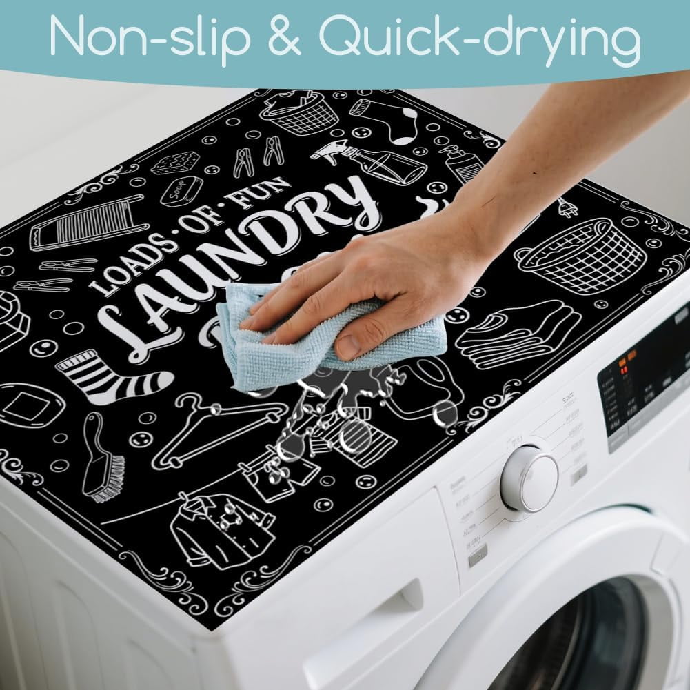 Black Funny Laundry Room Washer Dryer Dust Cover Mat 23.6x19.7inch Laundry-themed Elements Washing Machine Top Protector Pads