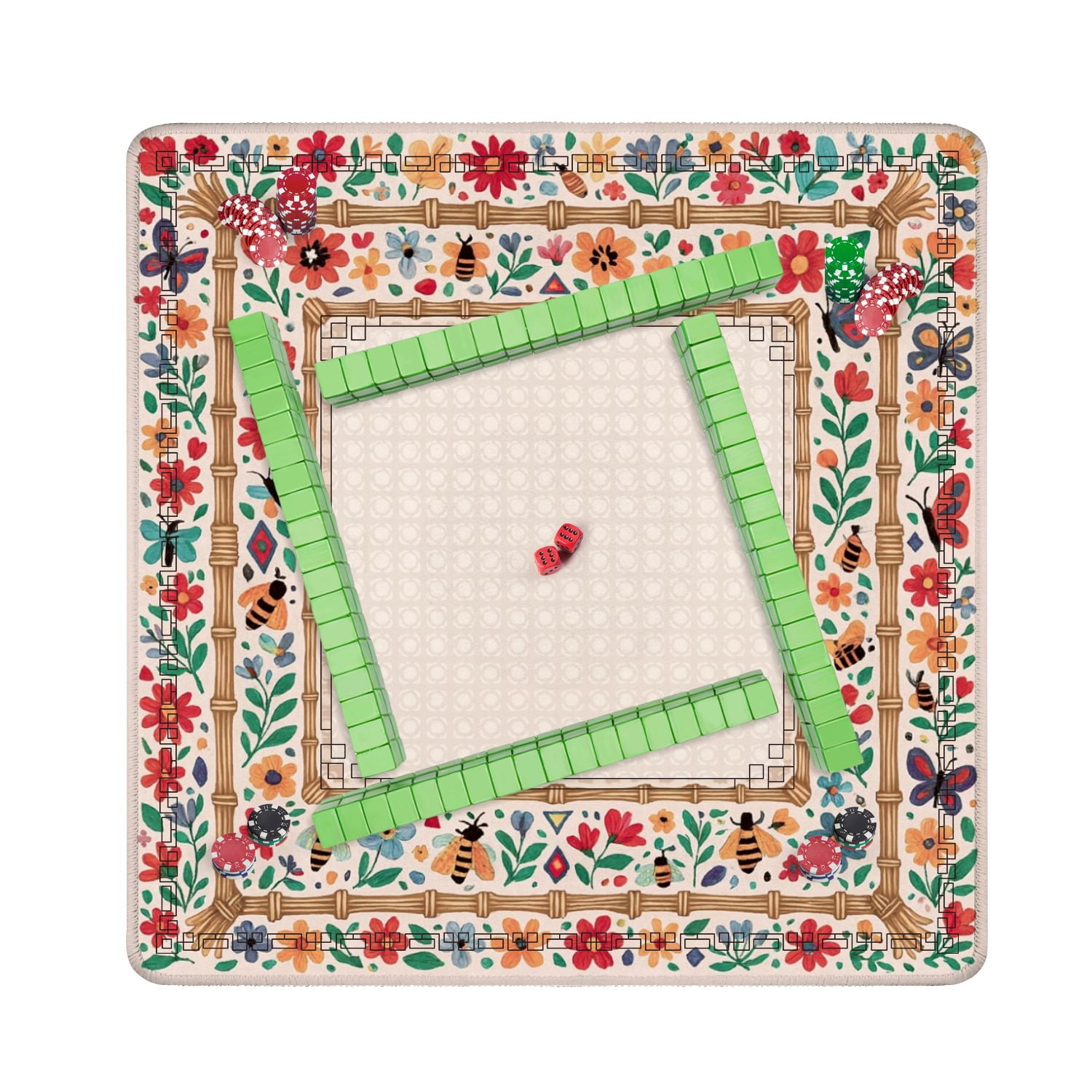 Mahjong Mat 31.5" x 31.5" Floral Border Bees Butterflies Bright Colors Anti-Slip and Noise Reduction Symmetry Design Mahjong Tiles Table Cover for Dominoes Poker Card Board and Tile Games