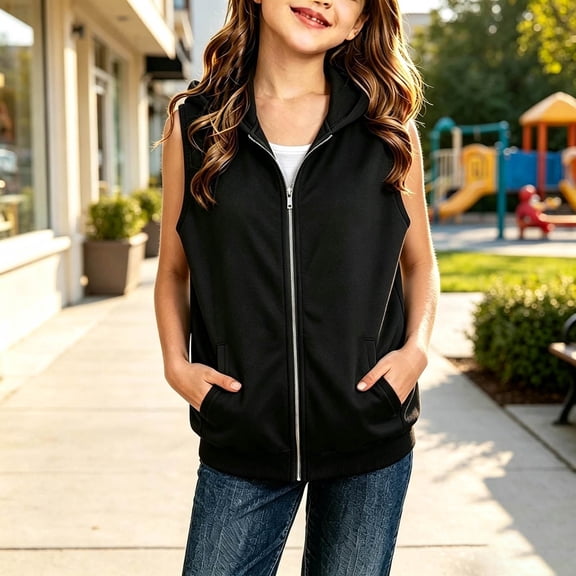 Angala Little Girls Zip Up Vest Sleeveless Half High Neck Fall Tank Top Casual Girls Baggy Clothes Size 6-7 Years Black