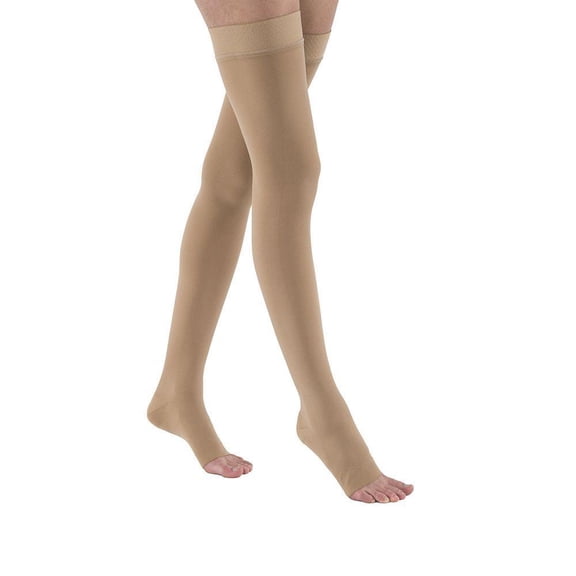 JOBST Relief 15-20 mmHg Compression Stockings, Thigh High Silicone Band, Open Toe, Beige, Small