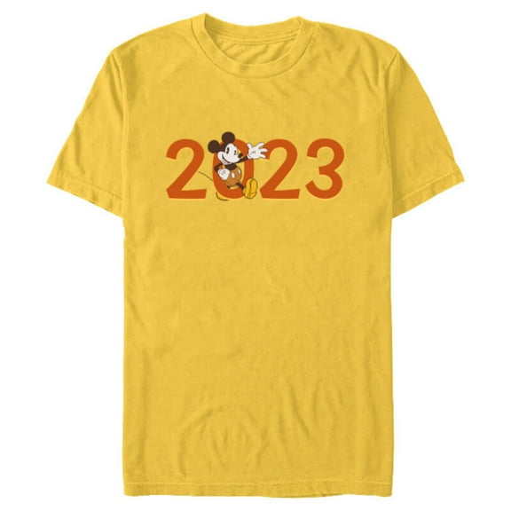 Disney Mickey Mouse Waving 2023 100th Anniversary New Year - Short Sleeve Blended T-Shirt for Adults - Customized-Yellow