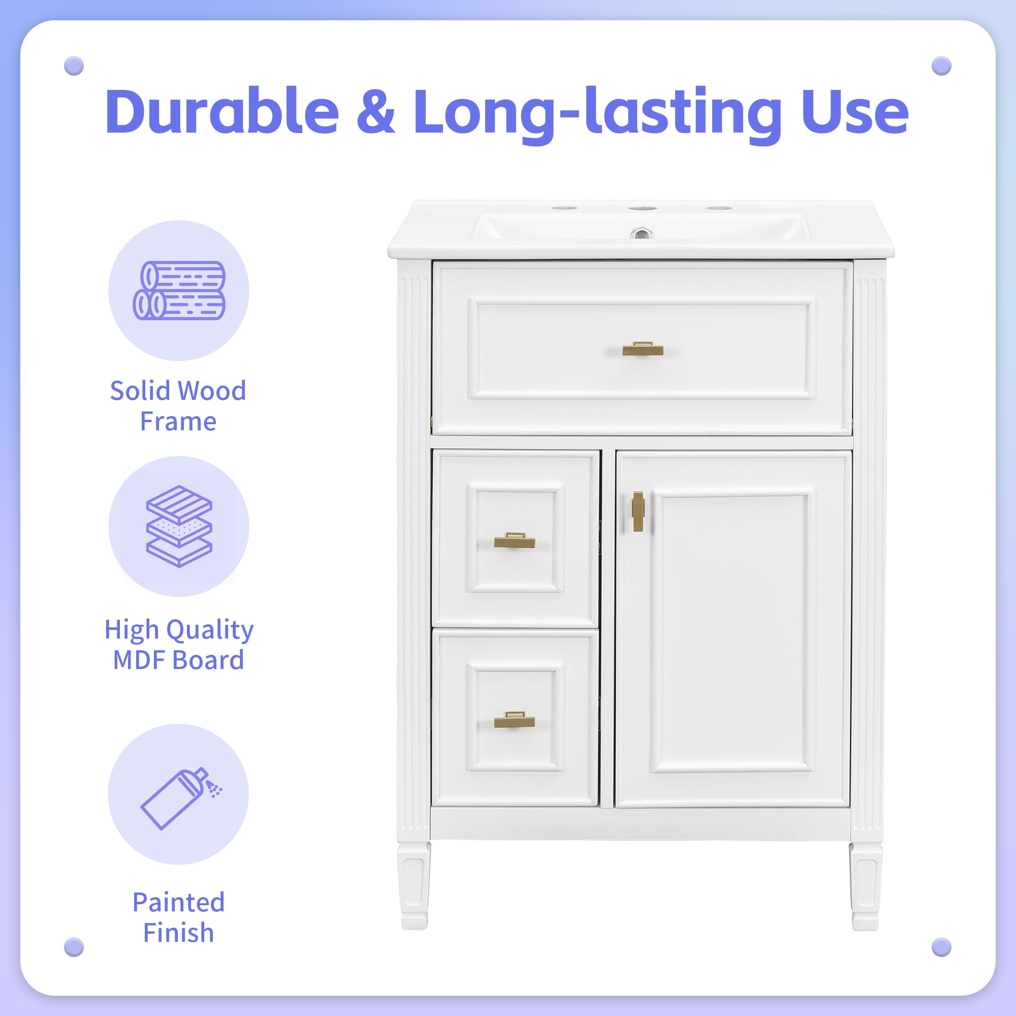Euroco 24" Bathroom Vanity with Sink, Bathroom Vanity Cabinet with One Flip Drawer and Two Drawers, Adjustable Shelf, Solid Wood and MDF, White