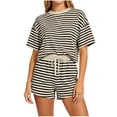 thumbnail image 2 of Ailaofu Womens Striped Two Piece Outfit Short Sleeve Crew Neck Top and Drawstring Waist Shorts Set Casual Loungewear Tracksuit, 2 of 6