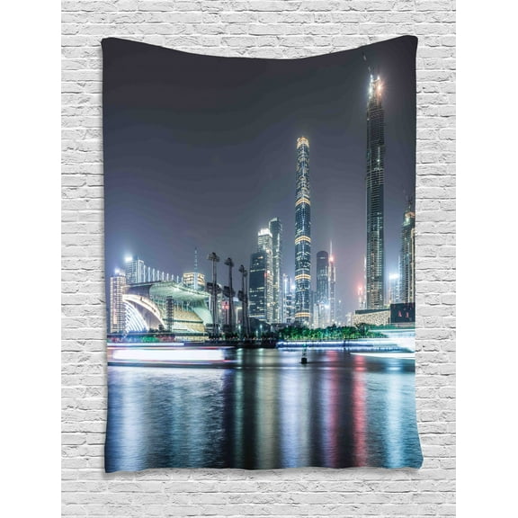 City Tapestry, Nightfall Scenery of Guangzhou Downtown China Landscape Modern Architecture Exploring, Wall Hanging for Bedroom Living Room Dorm Decor, 40W X 60L Inches, Multicolor, by Ambesonne
