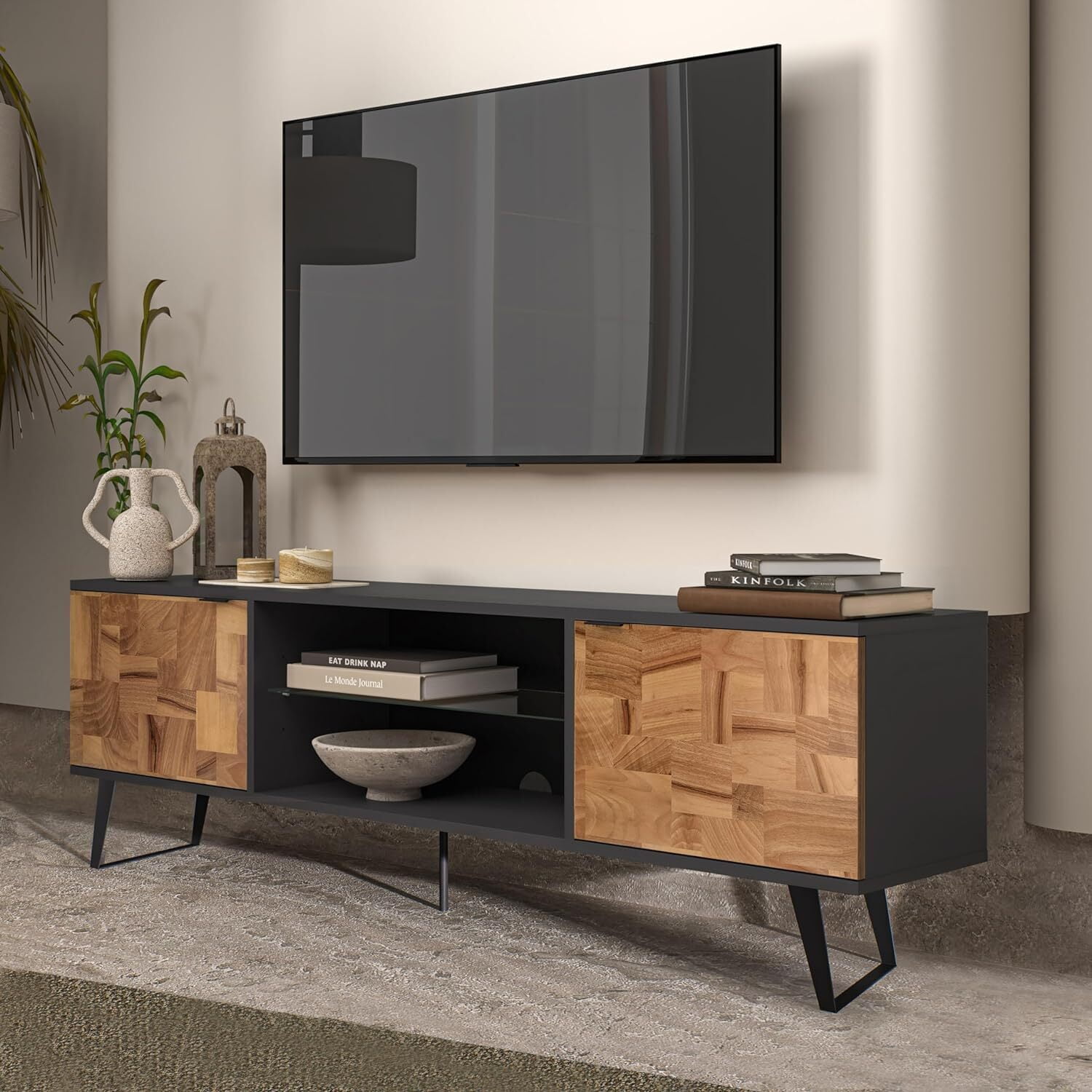 Mid Century Modern TV Stand - 75 inch Entertainment Center with Storage - Oak TV Stand for Living Room