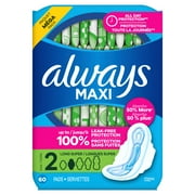 Always Maxi Pads with Wings, Size 2, Long Super, 60 Count