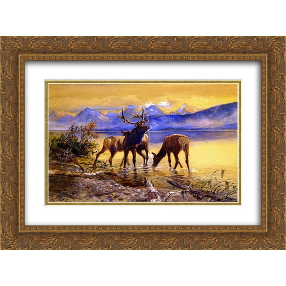 Charles M. Russell 2x Matted 24x20 Gold Ornate Framed Art Print 'Elk in Lake McDonald '