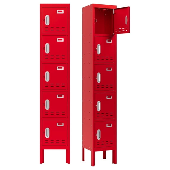 Metal Locker 5 Door Red - School Office Gym Storage - Steel Lockable Door with Card Slot - 66.15"H x 11.8"W x 11.8"D